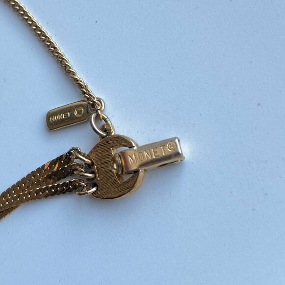 Vintage Signed Monet Gold Tone Tennis Bracelet Safety Chain 90s Costume Jewelry - Picture 9 of 16